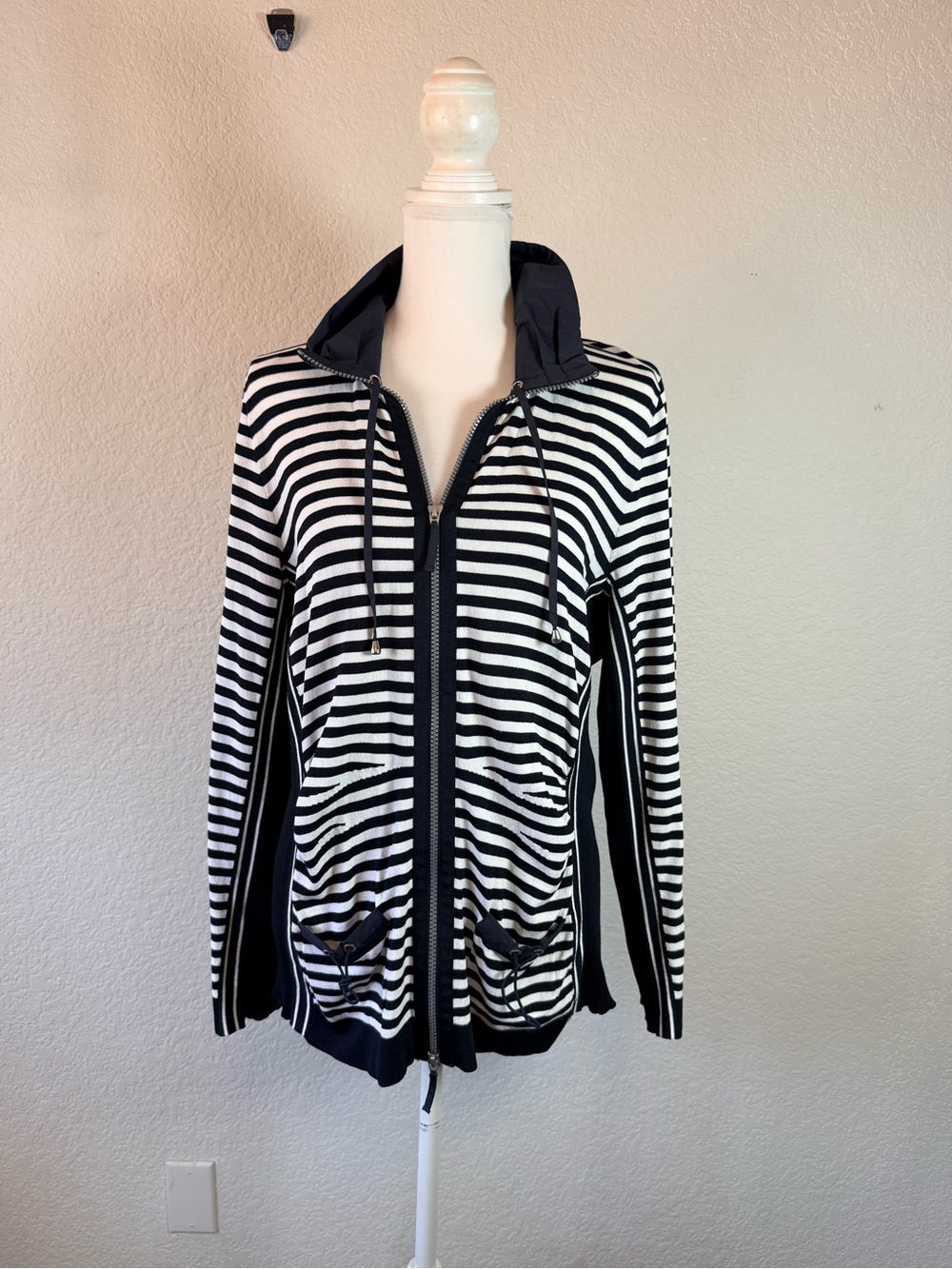 BASLER Black  & White Stripe Zip Front Long Sleeve Cardigan‎ Top XL